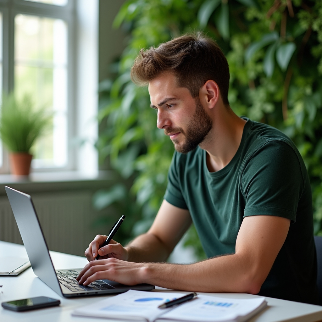 Self-employed professional reviewing business and personal finances on a laptop in a bright workspace