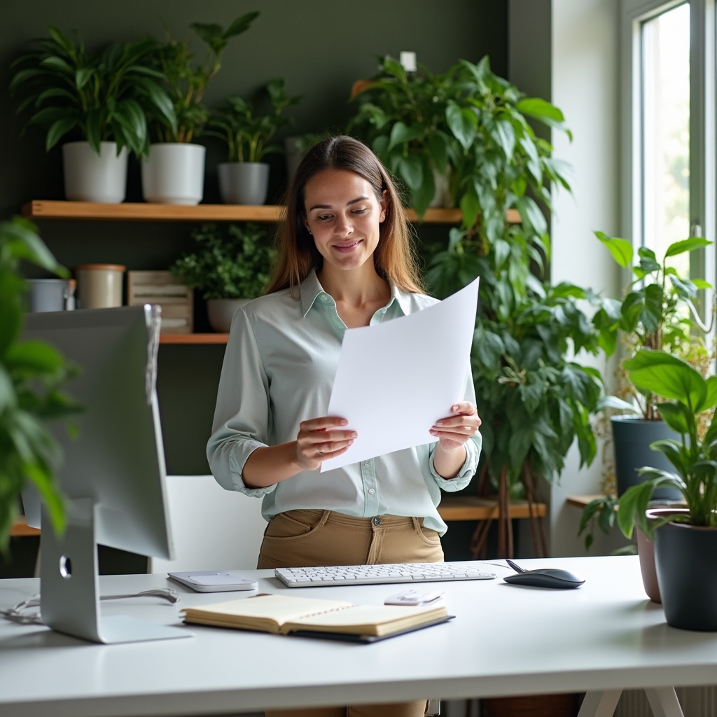 Entrepreneur working at a standing desk in a modern sustainable office with living plants