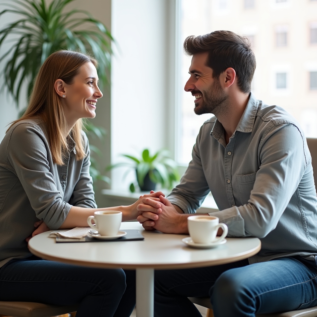 Two people having an open honest conversation at a table with documents and coffee