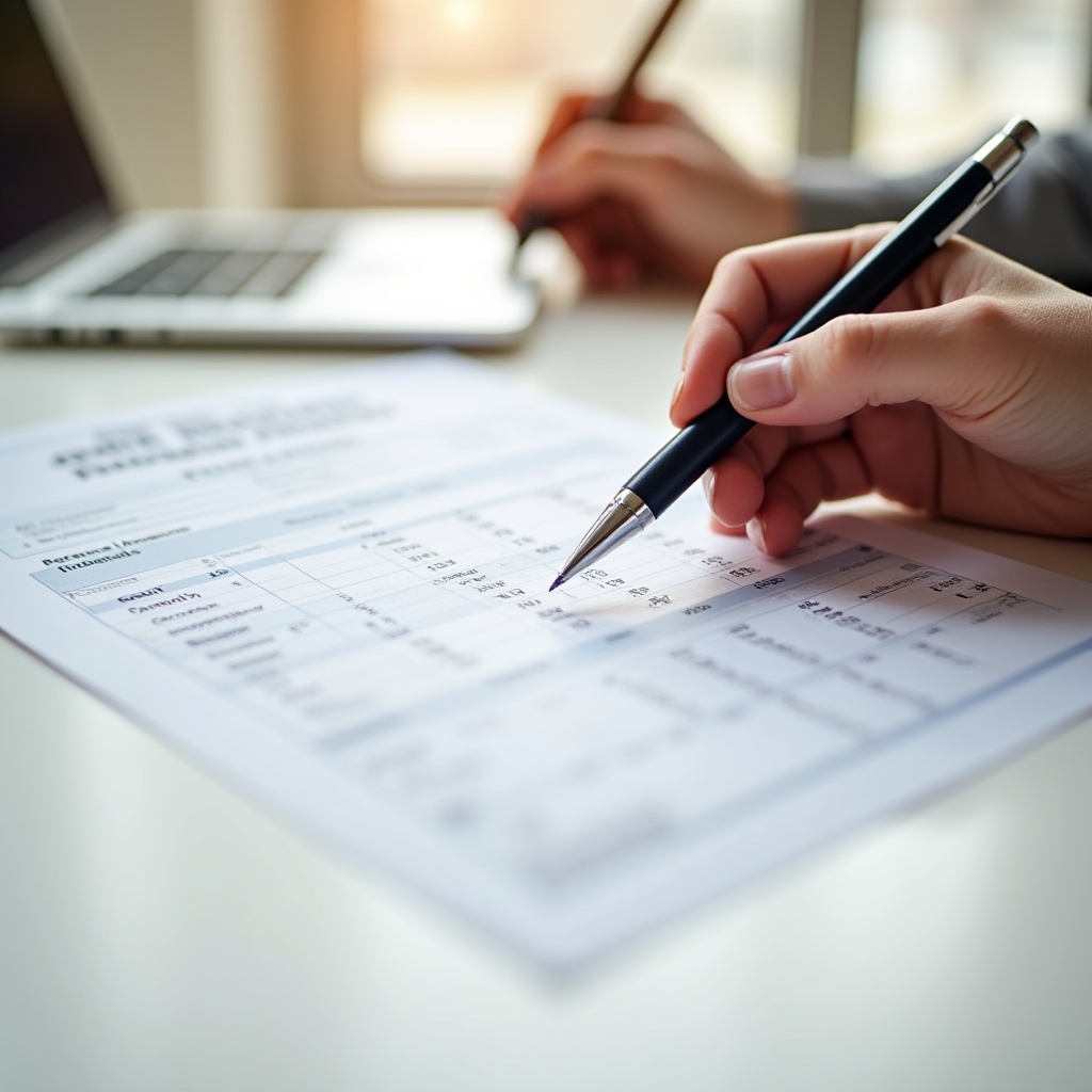 Close-up of a detailed financial planning document being reviewed with a pen on a clean desk