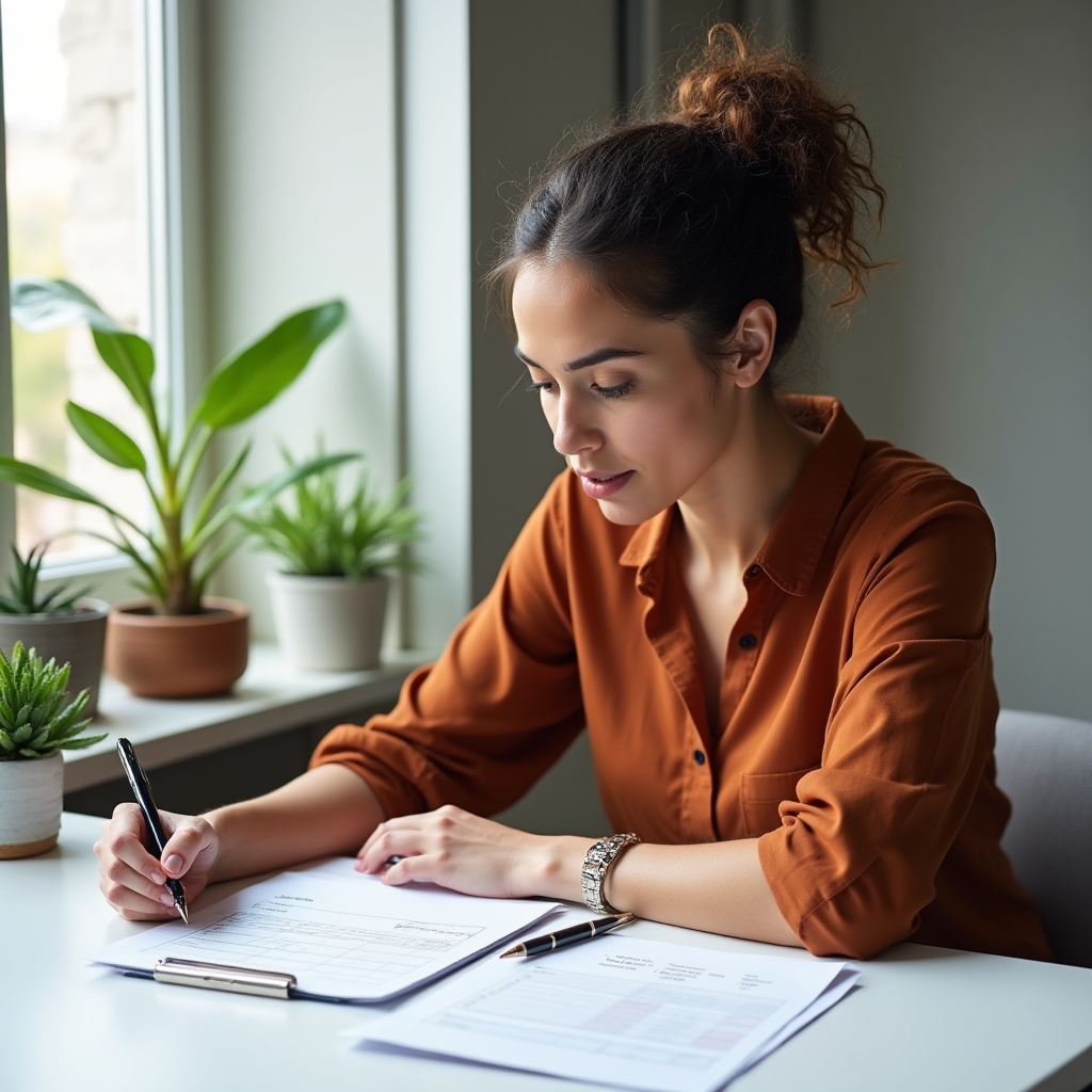 Young professional woman reviewing financial documents at a modern workspace